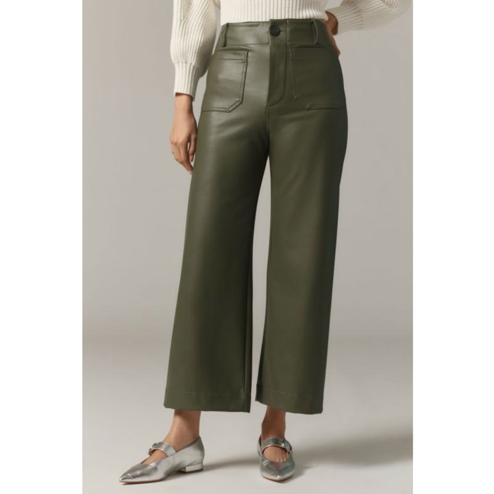 New Anthropologie The Colette Faux Leather Cropped Wide Leg Pants 29 Green